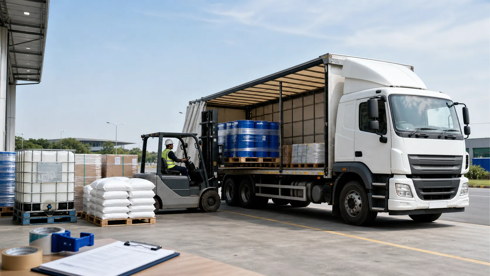 A covered freight truck being loaded with chemical drums, sacks, cartons and an IBC tote